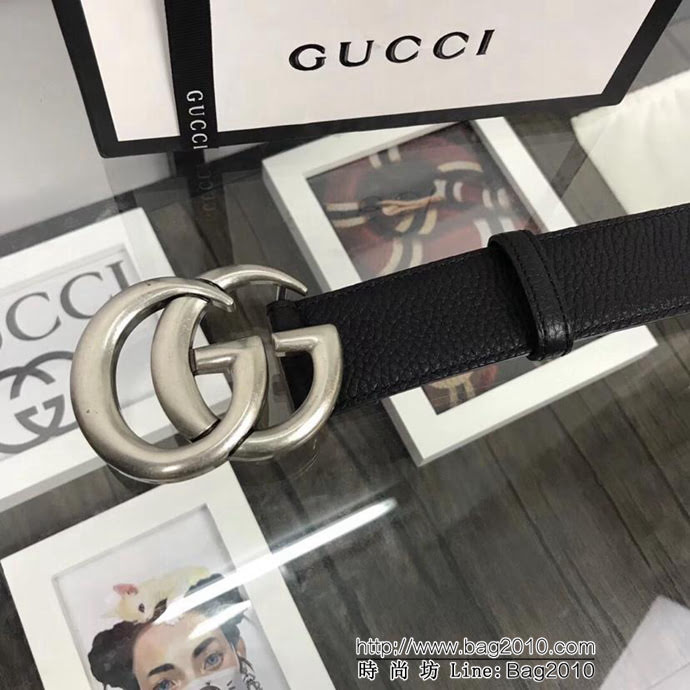 GUCCI古馳 雙G古銀扣頭金屬Gancio 雙面頭層荔枝紋小牛皮 獨特風格 男士皮帶  xfp1429